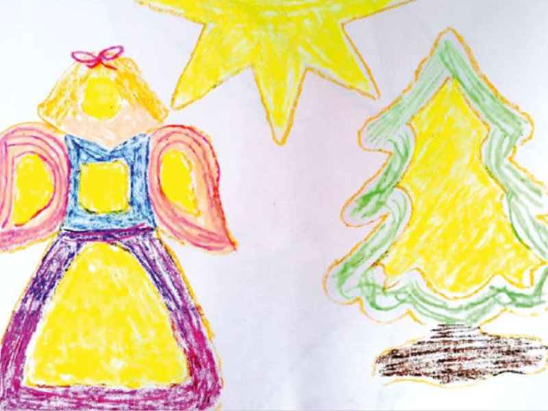 Screenshot Kinderzeichnung Engel mit Stern und Weihnachtsbaum